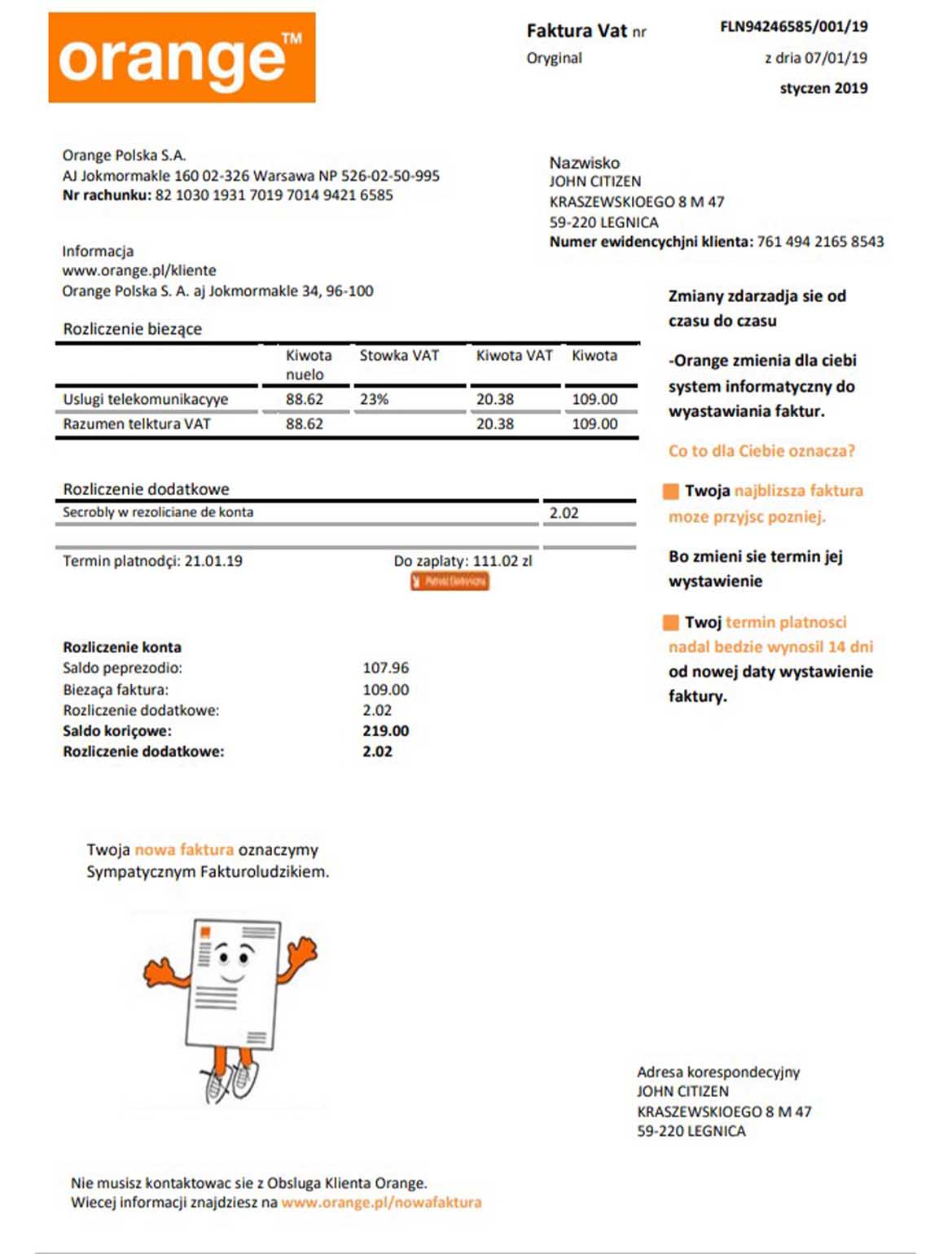 Poland Orange utility bill, PDF and Word download template